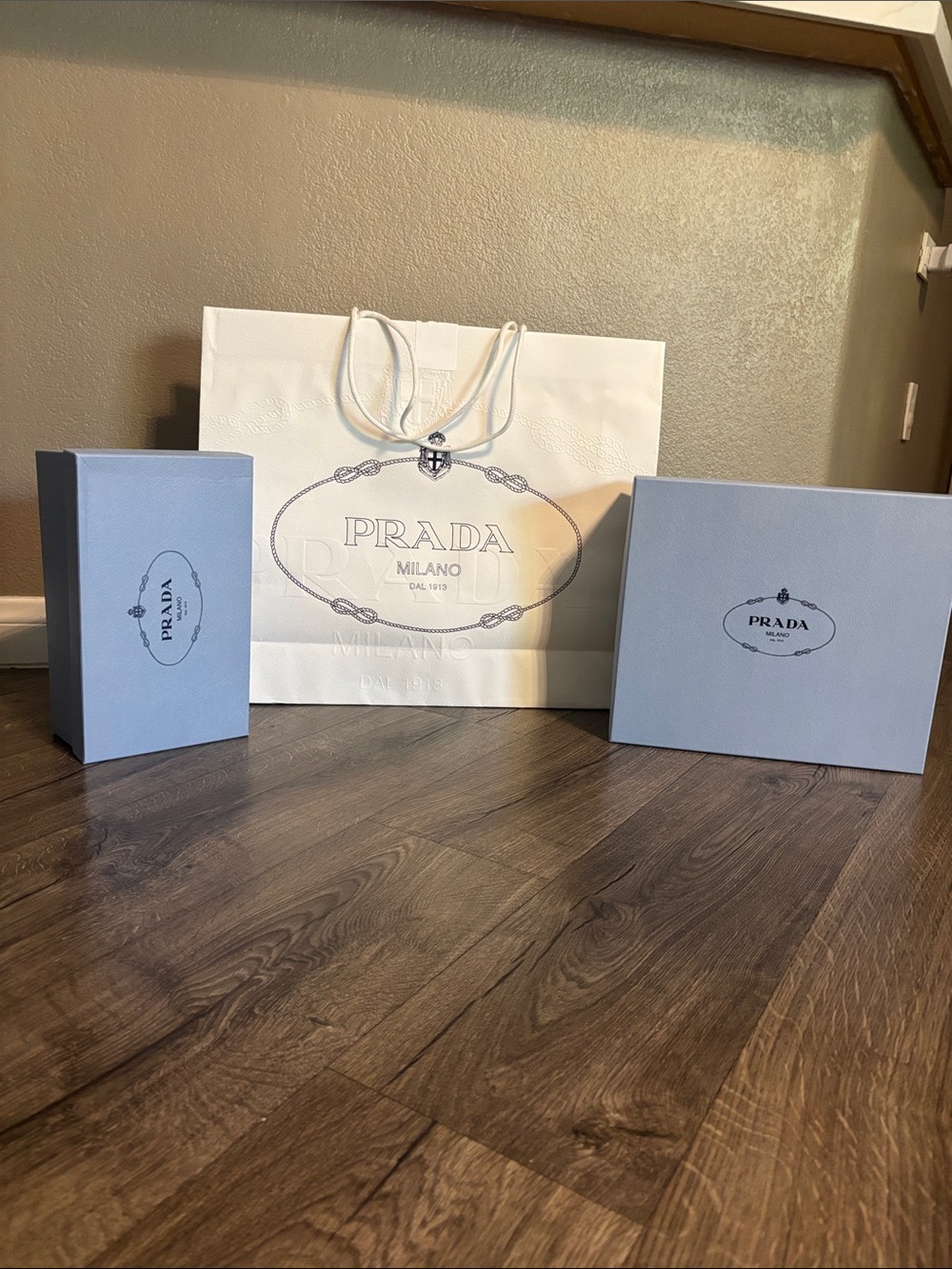 Prada White Shopping Bag with 2 blue Logo Boxes